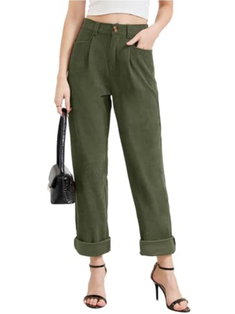 Women's Corduroy Pants High Waisted Straight Leg Stretch Trousers with Pockets